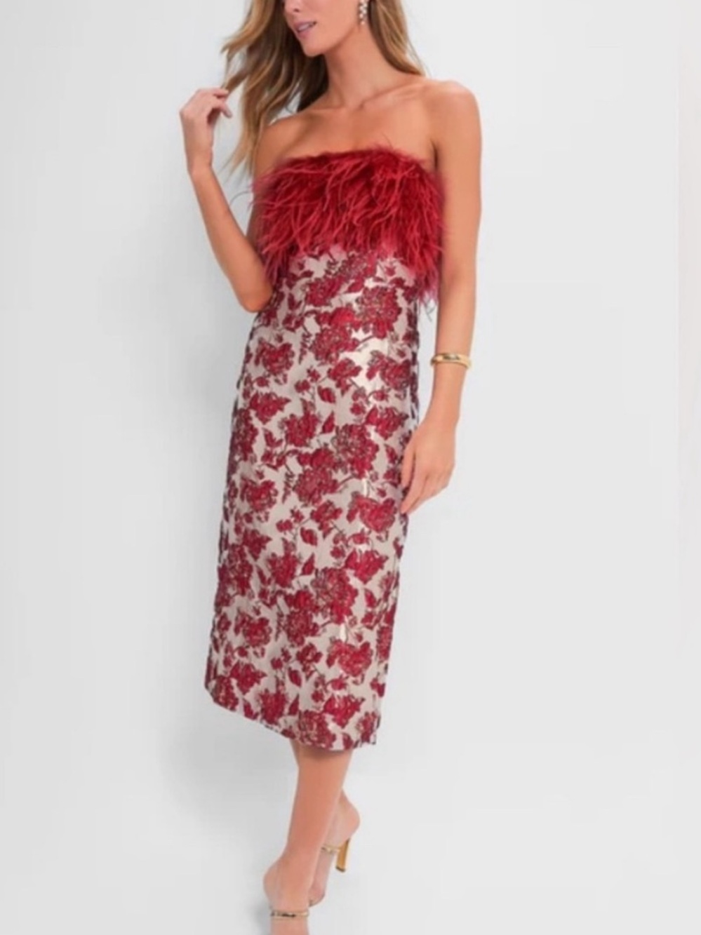 Tuckernuck Hyacinth House Strapless Floral Jacquard Dress with Red Feather Trim